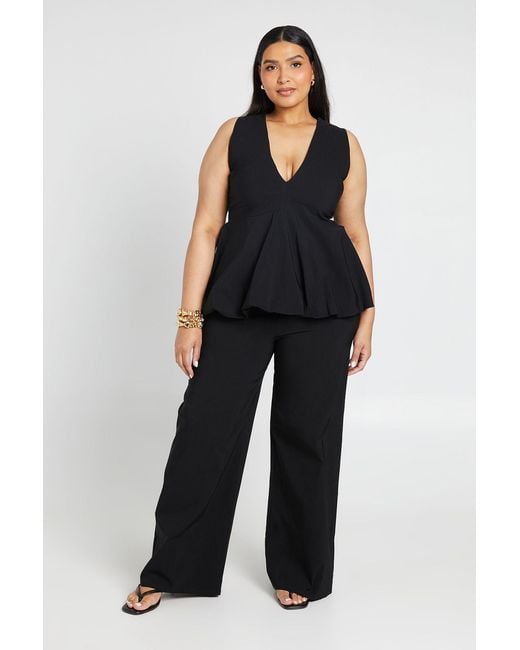 Boohoo Black Plus Bengaline Plunge V Neck Peplum Top & Wide Leg Trouser Co Ord