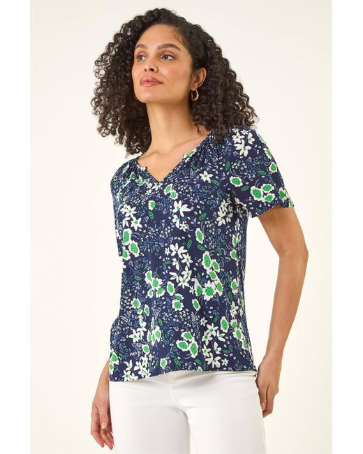 Roman Blue Floral Gathered V-Neck Top
