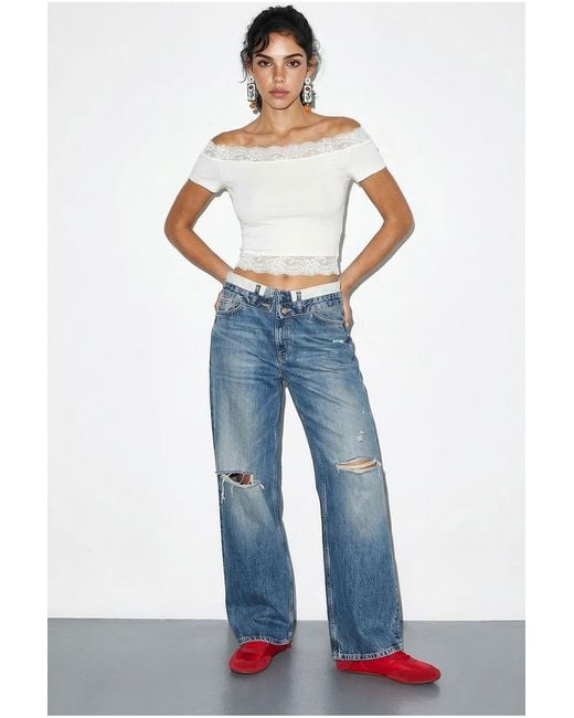 Bianco Lucci Blue Off Shoulder Lace Detailed Crop Blouse