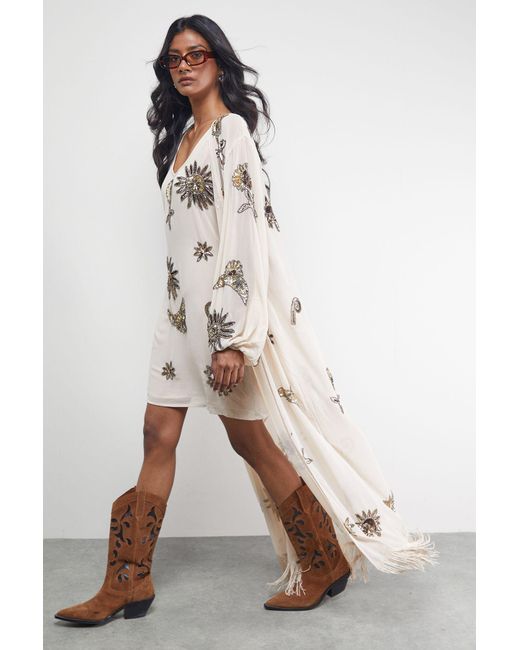 Warehouse Natural Hand Embellished Celestial Fringe Hem Kimono
