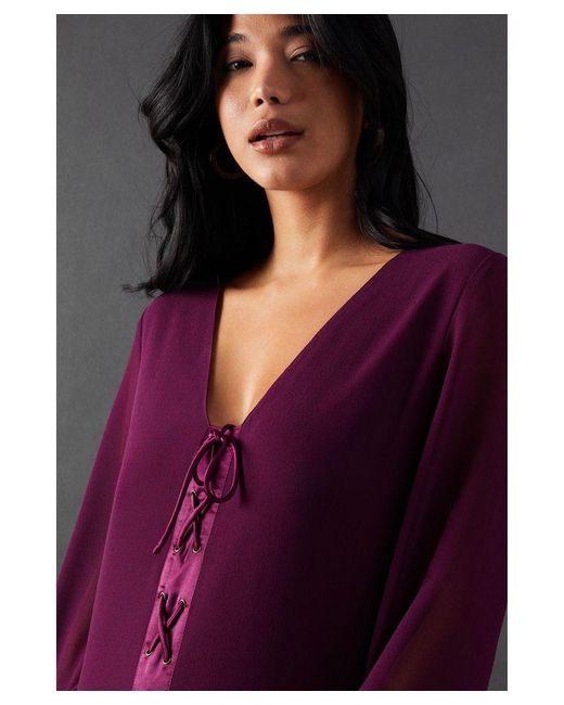 Warehouse Blue Chiffon Lace Up Panelling Midi Dress