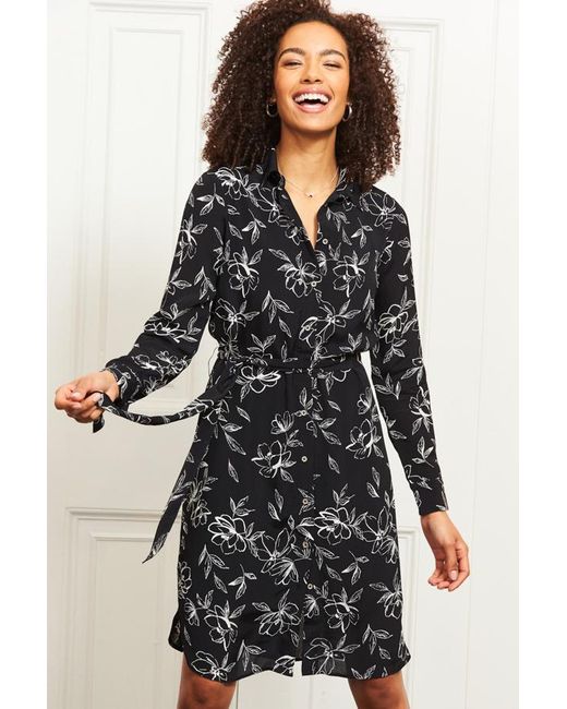 Sosandar Black Floral Tie Waist Shirt Dress