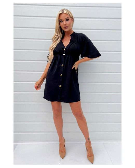 AX Paris Black Button Up Ruched Detail Smock V-Neck Dress
