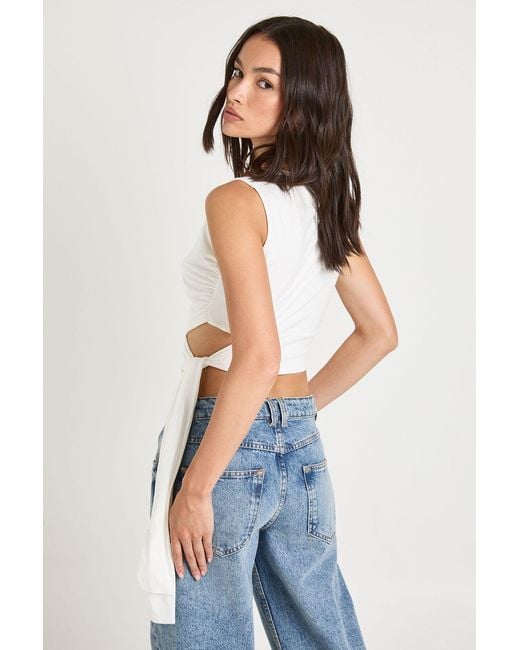 Boohoo Blue Supersoft Cut Out Tie Drape Sleeveless Top