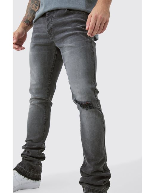 BoohooMAN Gray Skinny Stacked Flared Jeans With Knee Rip for men