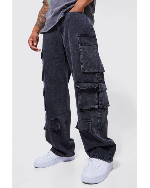 BoohooMAN Blue Relaxed Fit Acid Wash Cargo Jeans for men
