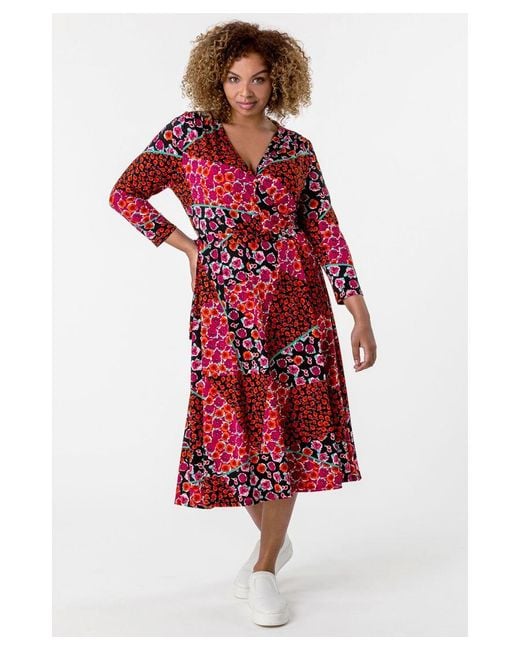 Roman Curve Red Patchwork Floral Print Wrap Dress