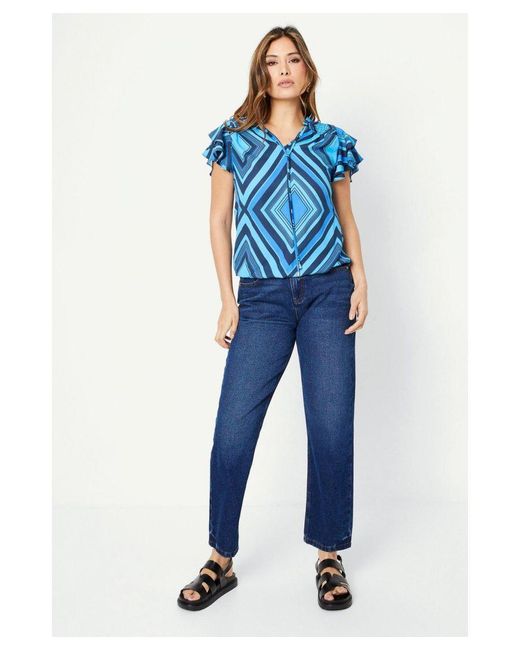 PRINCIPLES Blue Bubble Hem Geo Flute Sleeve Top