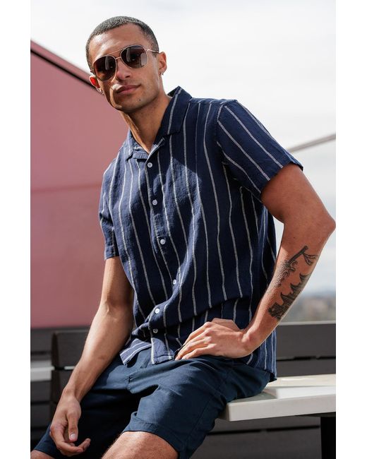 Brave Soul Blue Striped Revere Collar Shirt for men