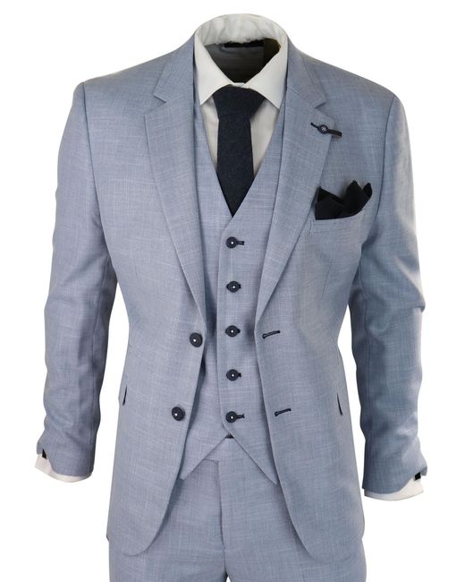 Infinity Leather Blue 3 Piece Linen Suit Light Summer Tailored Fit Wedding Prom Classic for men