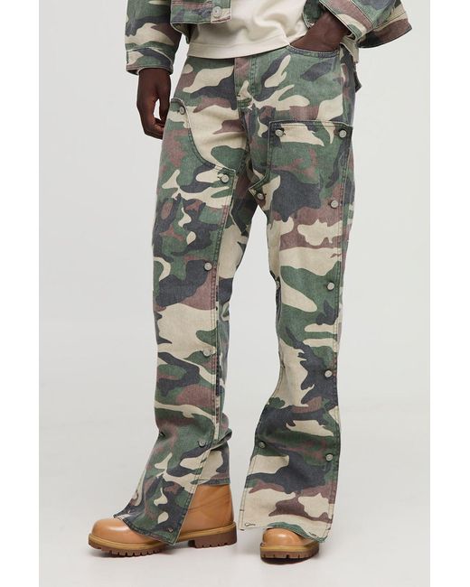 BoohooMAN Green Camo Removable Carpenter Panel Extreme Stacked Straight Fit Jeans for men