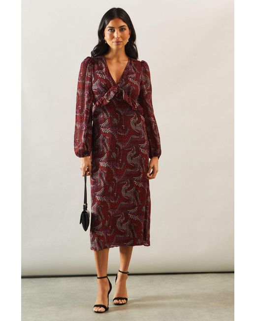 Wallis Red Printed Ruffle Detail V Neck Midi Dress