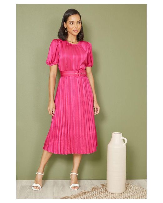 Yumi' Pink Satin Striped Midi Dress With Pleats And Matching Belt