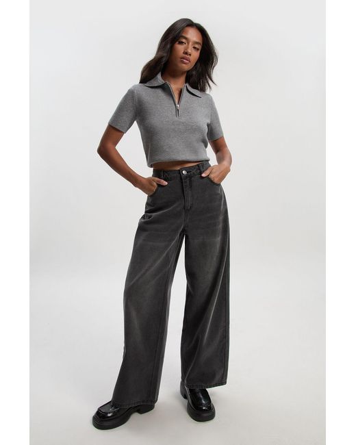 Boohoo Black Petite Mid Waist Loose Fit Wide Leg Jean