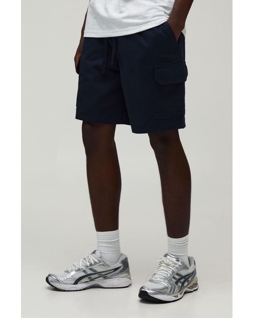 BoohooMAN Black Relaxed Fit Elasticated Mid Length Twill Cargo Shorts for men