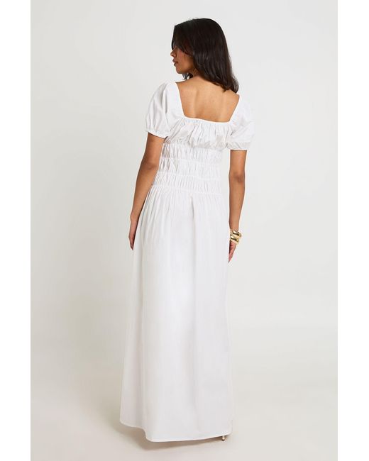 Boohoo White Cotton Poplin Shirred Bodice Puff Sleeve Maxi Dress