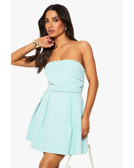 Boohoo Blue Petite Ruched Detail Structured Skater Dress