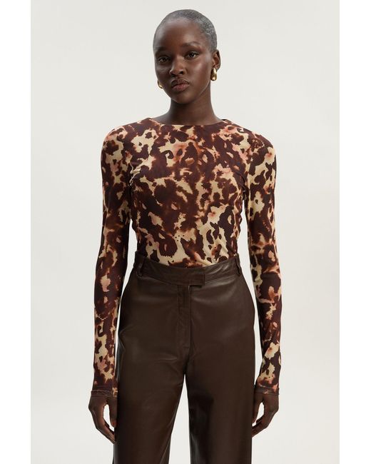 Karen Millen Brown Long Sleeve Leopard Print Mesh Bodysuit