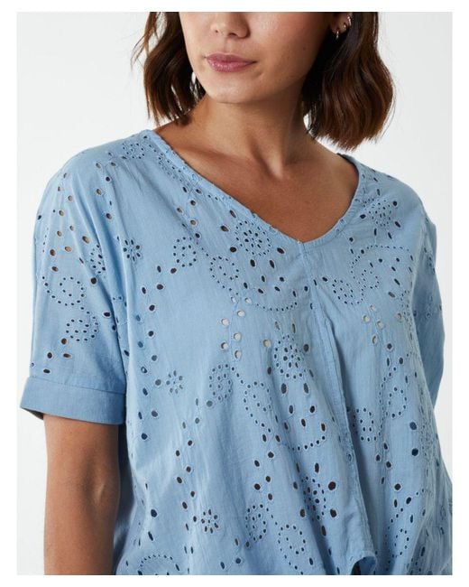 Blue Vanilla Blue Broderie Batwing Knot Front Top Cotton