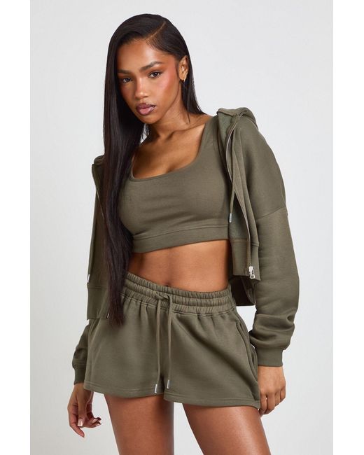 Boohoo Green Petite Deep Hem 3 Piece Crop Zip Through Short Tracksuit