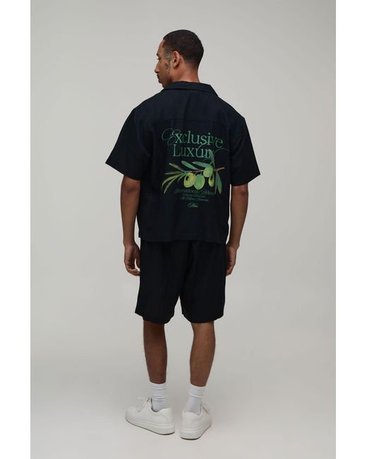 BoohooMAN Black Back Printed Linen Blend Oversized Shirt & Short Set for men