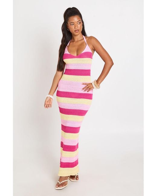 Boohoo Pink Halter Neck Crochet Beach Maxi Dress