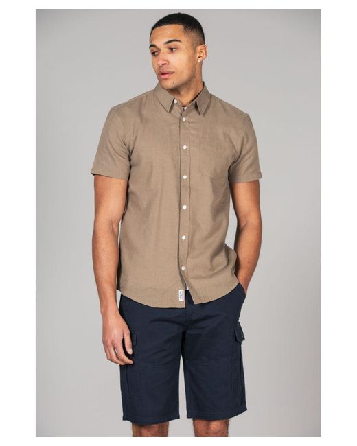 Tokyo Laundry Blue Khaki Linen Blend Short Sleeve Button-up Shirt With Chest Pocket for men