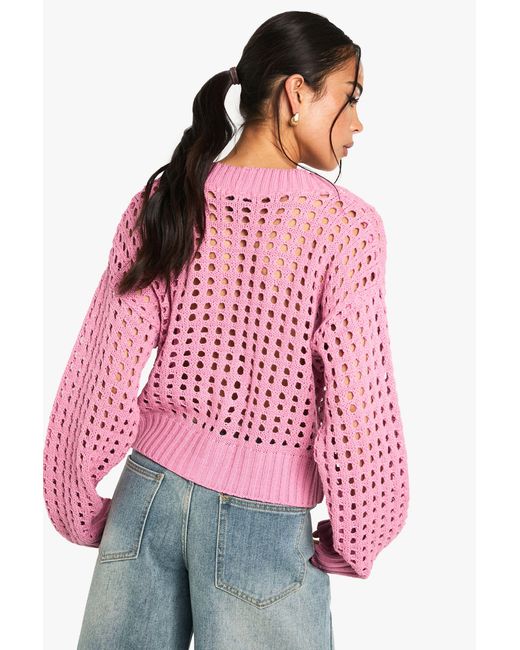 Boohoo Red Crochet Knitted Button Down Cardigan