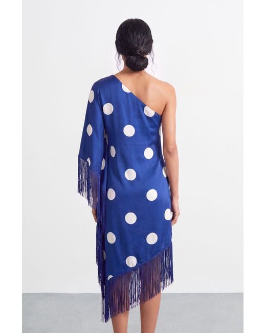 Warehouse Blue Petite Premium Fringe Trim One Shoulder Midi Dress