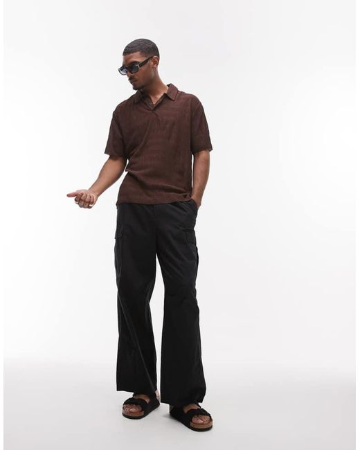 Topman Brown Relaxed Fit Plisse Polo for men