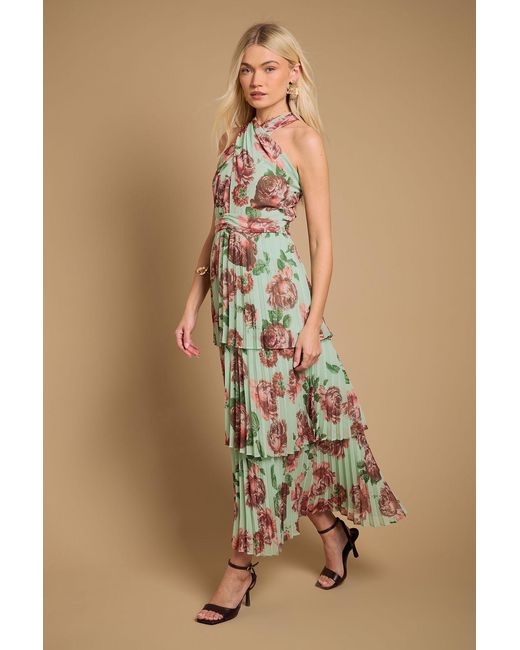 Oasis Natural Halterneck Pleated Tiered Maxi Dress