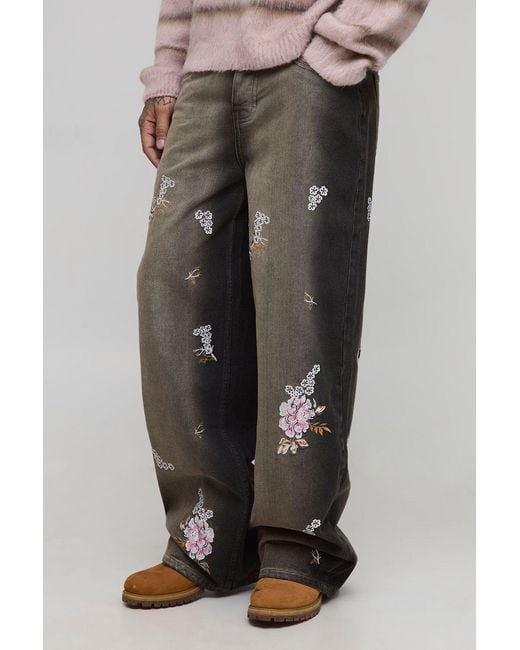 BoohooMAN Black Tall Baggy Rigid Floral Embroidered Jeans for men