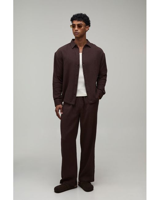BoohooMAN Brown Cheesecloth Oversized Long Sleeve Shirt & Baggy Trouser Set for men