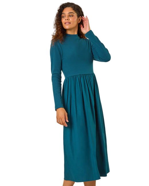 Roman Blue Cotton Stretch Jersey Mix Midi Dress