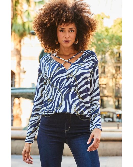 Sosandar Blue Animal & Chain Print Cross Front Jersey Wrap Top