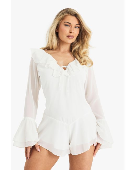 Boohoo White Chiffon Ruffle Godet Hem Romper