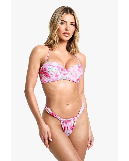 Boohoo Pink Floral Print Underwired Bikini Top & Tanga Bottoms Set