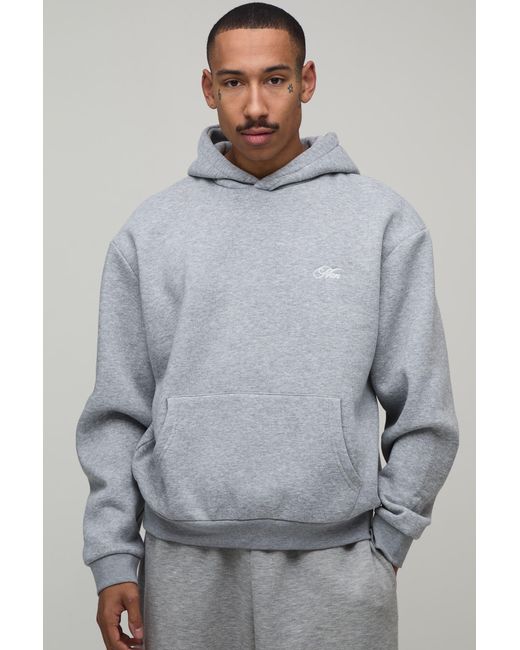 BoohooMAN Gray Oversized Boxy Script Embroidered Hoodie for men