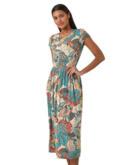 Roman Blue Paisley Print Short Sleeve Midi Dress