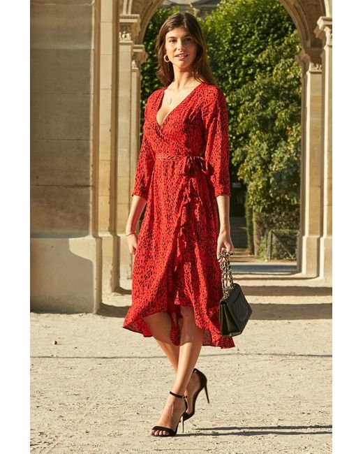 Sosandar Multicolor Print Ruffle Hem Midi Wrap Dress