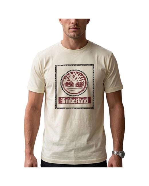 Timberland Gray T Shirts Tree Print Classic Logo Summer Cotton Crew Neck Top for men