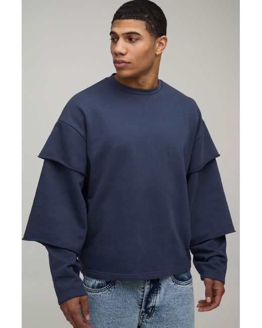 BoohooMAN Blue Oversized Boxy Triple Faux Sleeve Heavyweight Loopback Sweatshirt for men