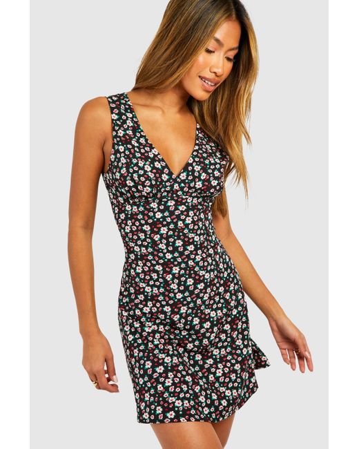 Boohoo Black Ditsy Floral Plunge Mini Dress
