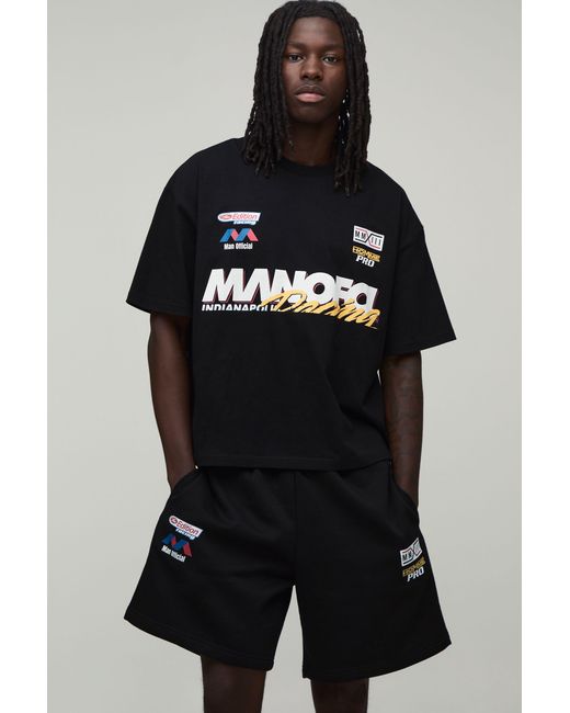 BoohooMAN Black Oversized Boxy Moto Printed T-Shirt & Baggy Short Set for men
