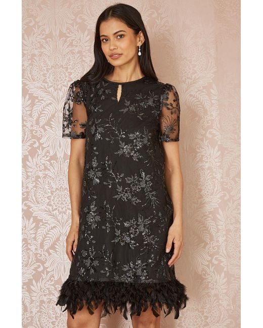 Yumi' Black Sequin Embroidered Tunic Dress With Feather Trim Hemline Material_Polyester