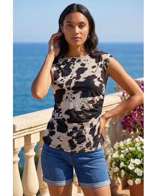 Roman Blue Cow Print Mesh Stretch Top