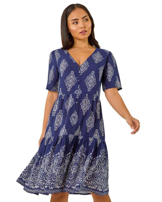 Roman Blue Petite Border Print Tiered Dress
