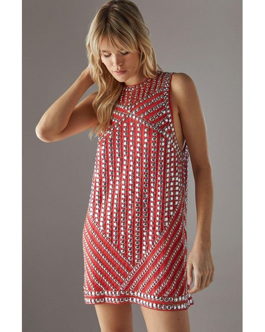 Warehouse Red Hand Embellished Sequin Stud Drop Armhole Vest Mini Dress