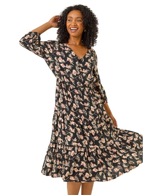 Roman Black Petite Floral Tiered Midi Dress
