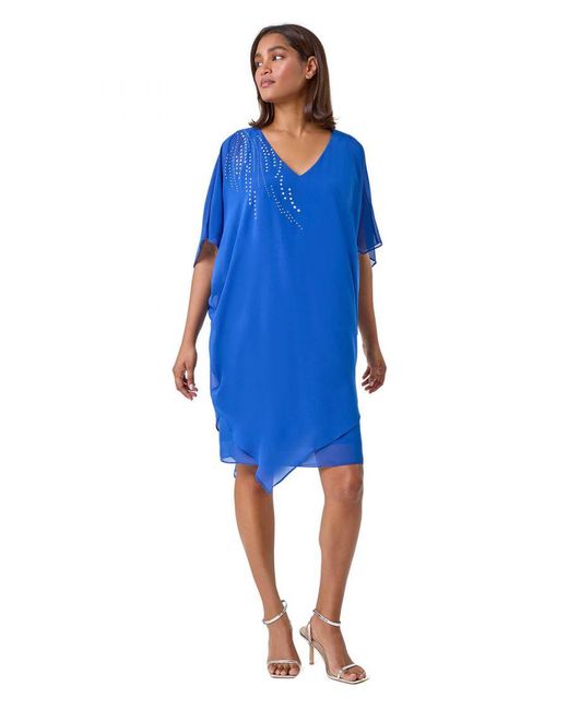 Roman Blue Embellished Cold Shoulder Overlay Dress